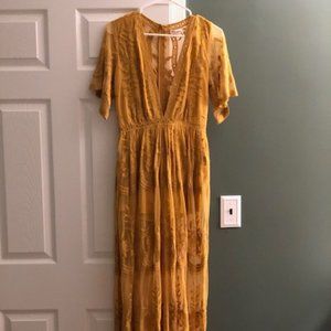 Ochre, Short Sleeved Embroidered Maxi Dress - Size Small